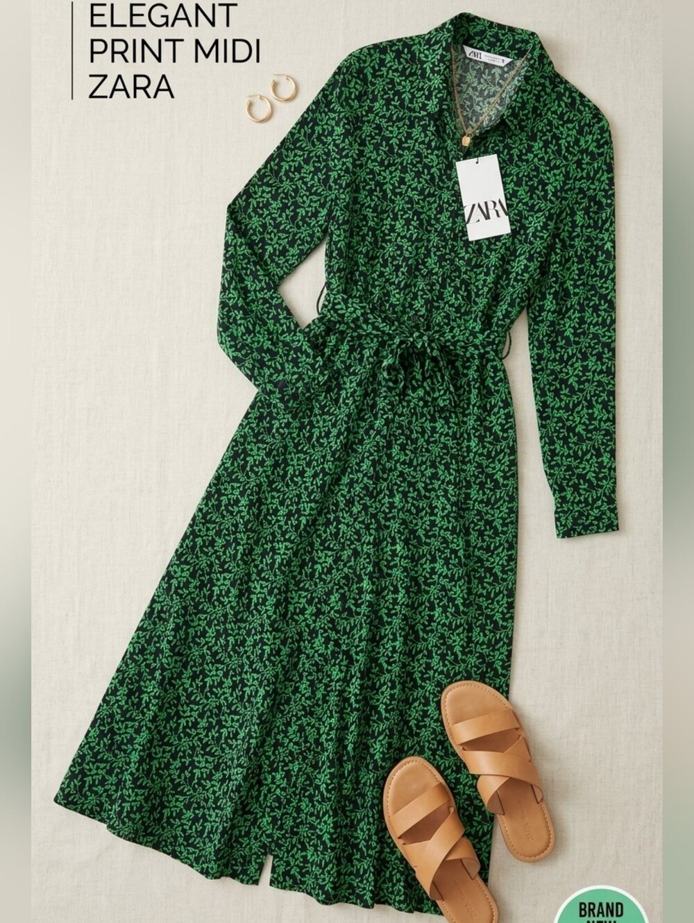 Zara Green & Black Botanical Midi Shirt Dress with Self-Tie Waist